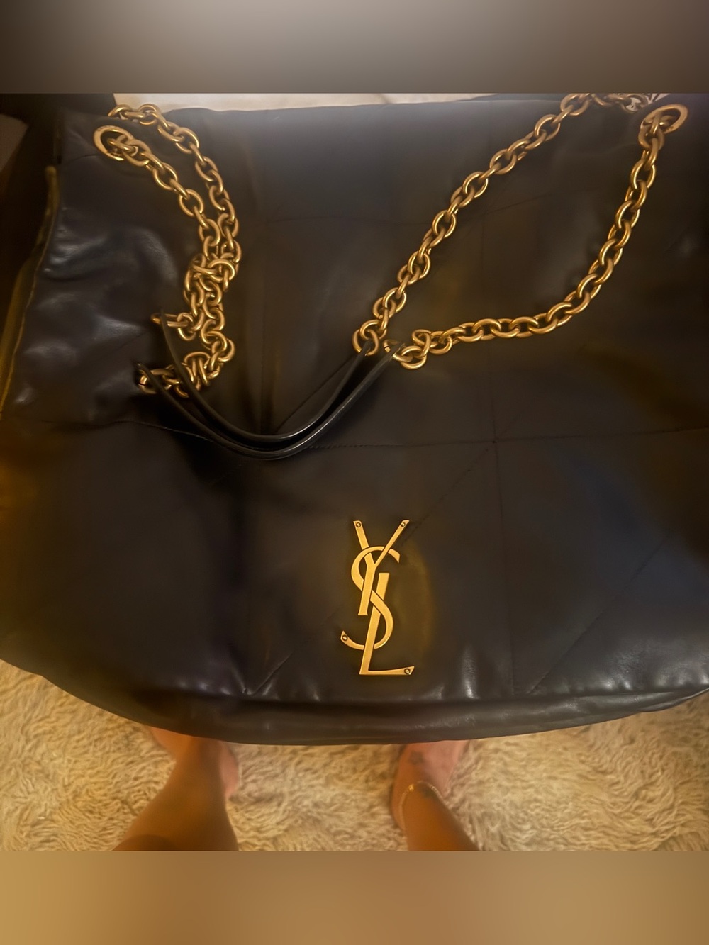 Saint Laurent Black Leather Quilted Tote with Gold Chain